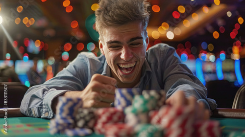 A Excited Man Victorious in Poker Game at Casino