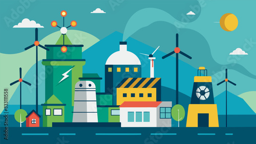 The sight of massive generators converting nuclear energy into electricity powering homes and businesses for miles around.. Vector illustration