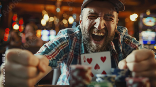 A Excited Man Victorious in Poker Game at Casino