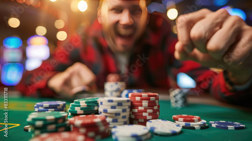 A Excited Man Victorious in Poker Game at Casino