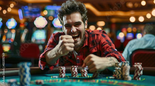A Excited Man Victorious in Poker Game at Casino