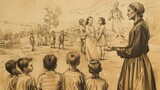 St. Mary MacKillop Teaching Children in 19th-Century Australia, Biblical Illustration, Beige Background, Copyspace