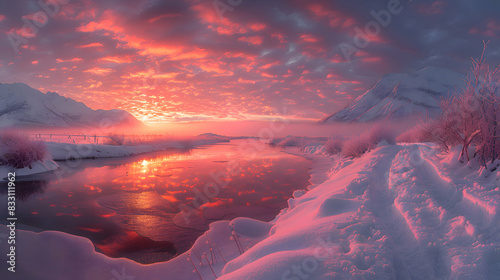 An ultra HD view of a nature tundra at sunrise, the sky glowing with vibrant colors and the snow reflecting the light