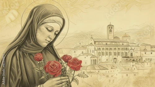 St. Rita of Cascia Holding Roses in Italian Convent, Biblical Illustration, Beige Background, Copyspace photo