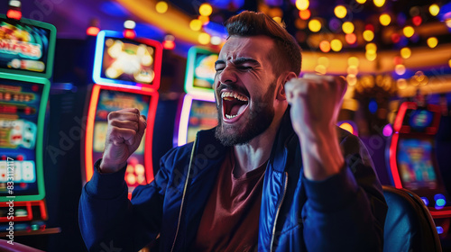 A Excited Man Victorious in Poker Game at Casino