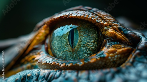 Extreme close-up of a beautiful and impressive crocodile eye. © HikikomorAI
