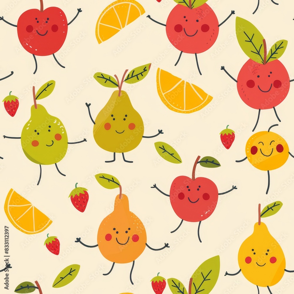 whimsical seamless pattern of fruit characters with smiley faces whimsical seamless pattern of fruit characters with smiley faces
