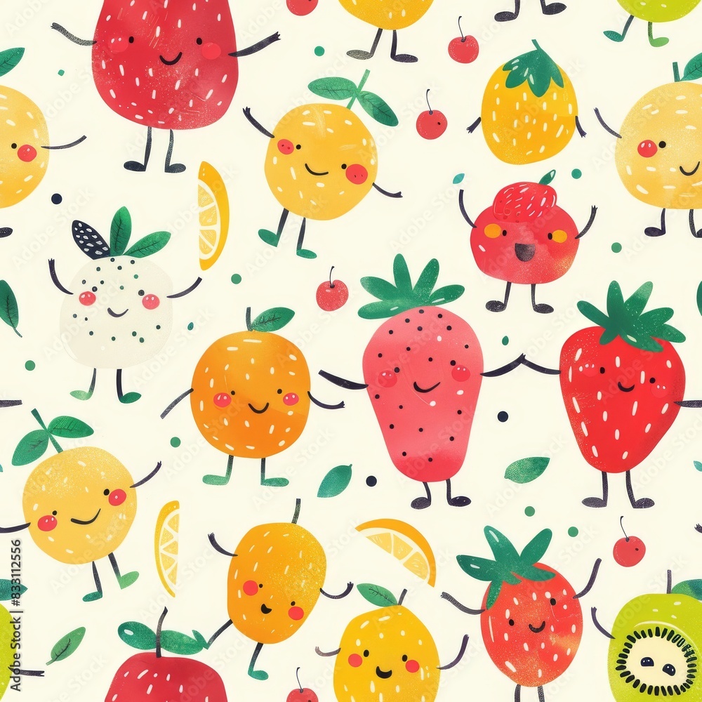 whimsical seamless pattern of fruit characters with smiley faces whimsical seamless pattern of fruit characters with smiley faces