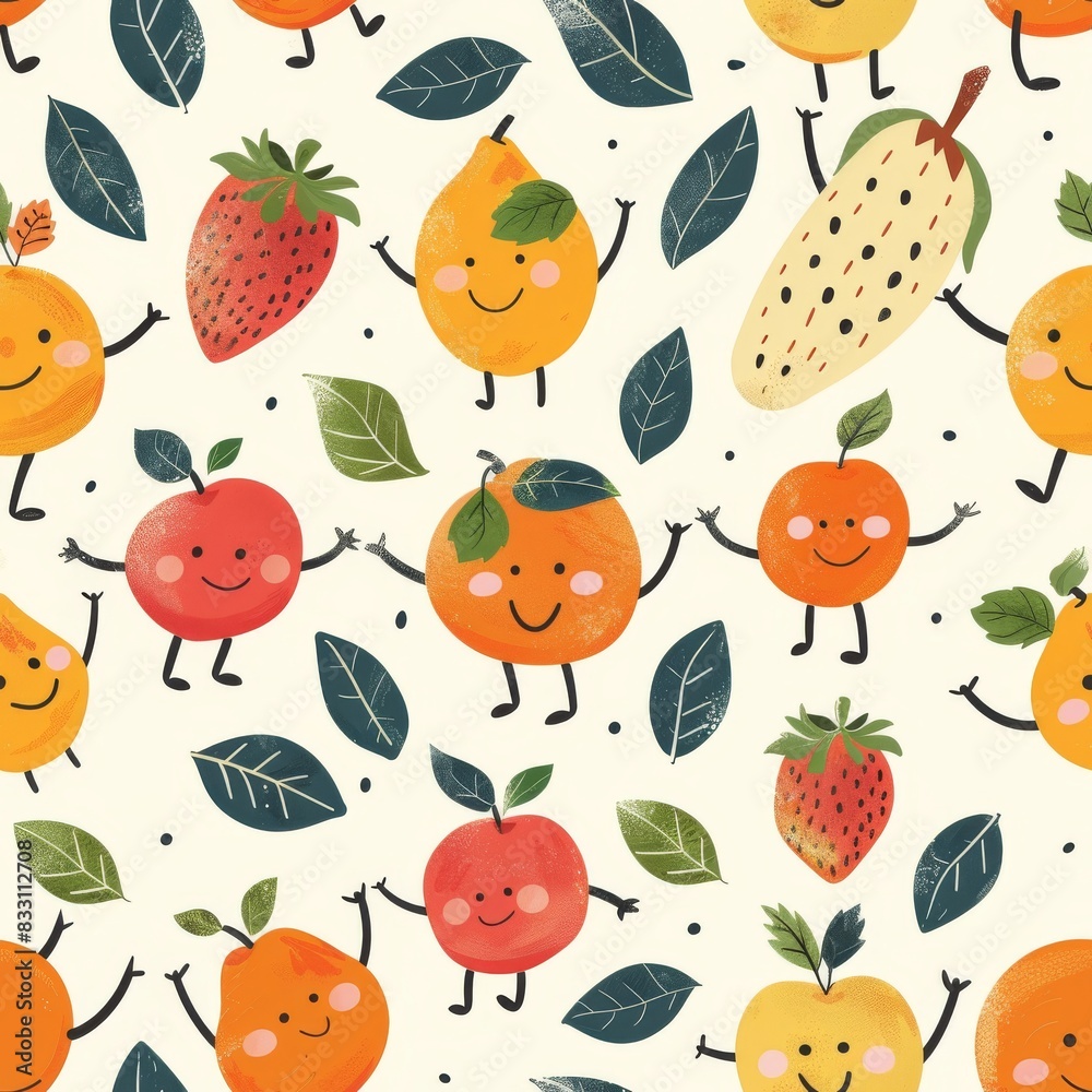 whimsical seamless pattern of fruit characters with smiley faces whimsical seamless pattern of fruit characters with smiley faces