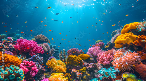 An ultra HD view of a nature coral reef, the clear blue water highlighting the vivid colors of the coral and sea creatures