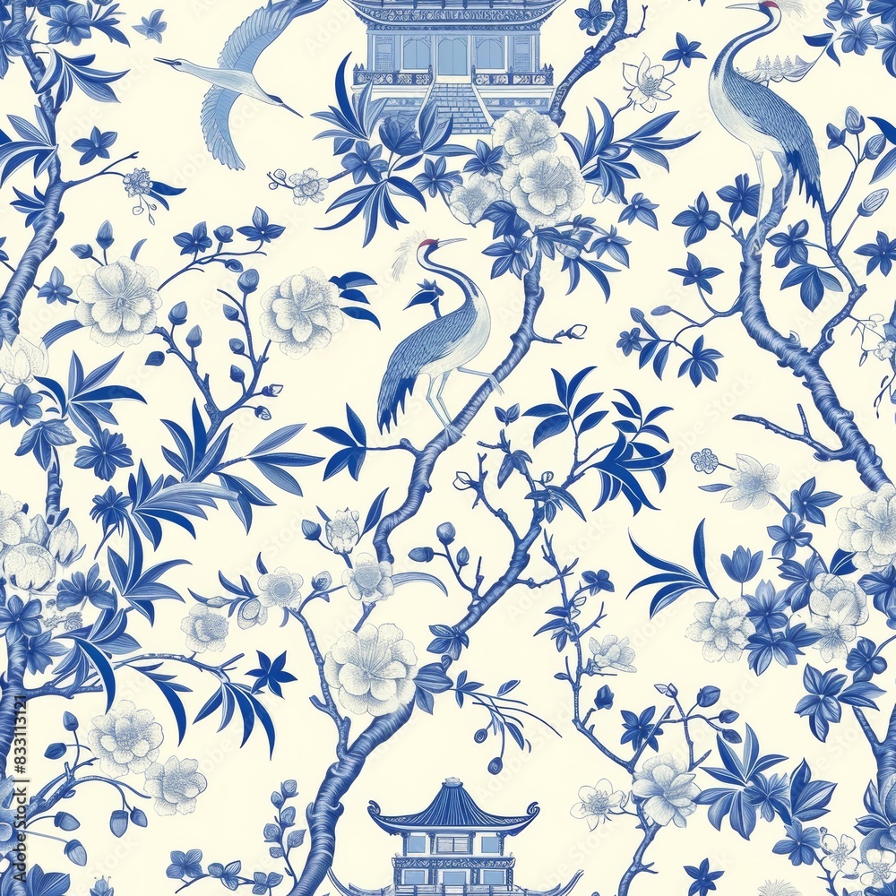 Fototapeta premium seamless chinoiserie pattern with delicate blossoms and pagodas