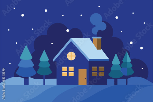 House in Night Snow Fall Winter vector Illustration