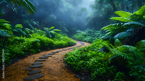 An ultra HD view of a nature rainforest  featuring a meandering path surrounded by vibrant foliage. The morning mist adds a mystical touch