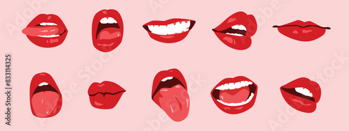 set of sexy woman's lips with red lipstick, white teeth, and tongue out. mouth icon. flat vector illustration.