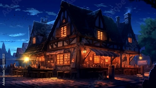Medieval tavern exterior at night. Looping time-lapse animation background photo