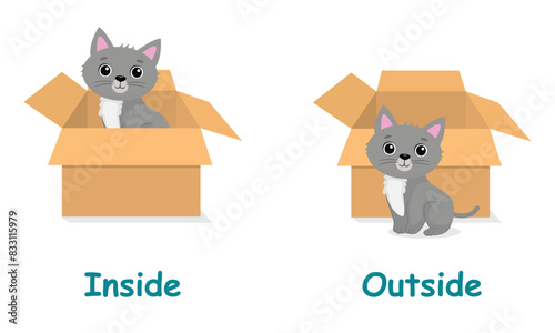 Opposite antonym words inside and outside illustration of cat sitting inside and outside the box