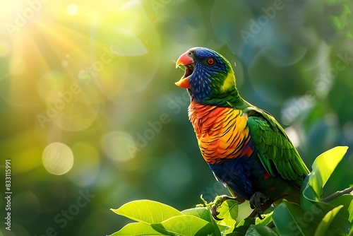 Colorful parrot singing a melodious song on a lush green branch