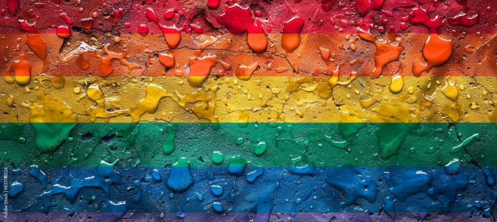 Fototapeta premium Rainbow paint with wet water background. LGBT pride gender equality wallpaper. Generative AI technology. 