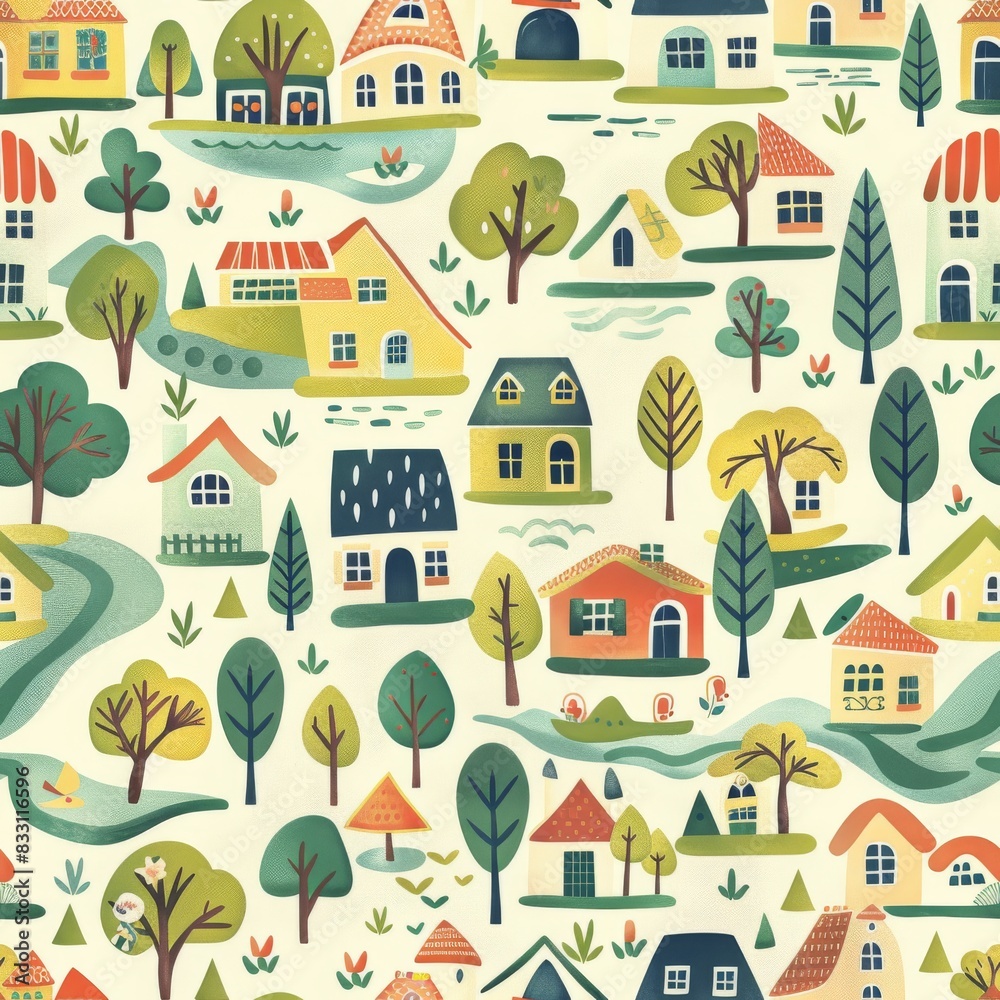 Obraz premium seamless pattern of village houses, trees, and vehicles