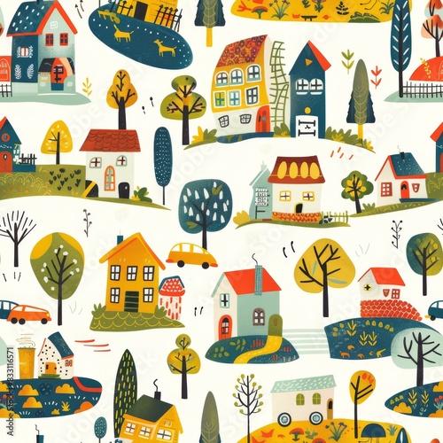seamless pattern of village houses, trees, and vehicles