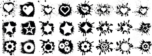 Grunge heart gear and star splatter icon set, black and white, various designs, artistic splashes, vector graphics, abstract shapes isolated digital art