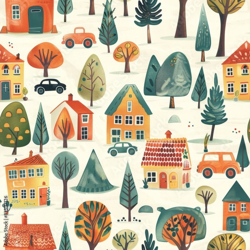 Wallpaper Mural seamless pattern of village houses, trees, and vehicles Torontodigital.ca
