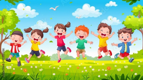 Cartoon Vector Happy children playing and learning in a safe environment, representing the benefits of ending child labor Generative AI