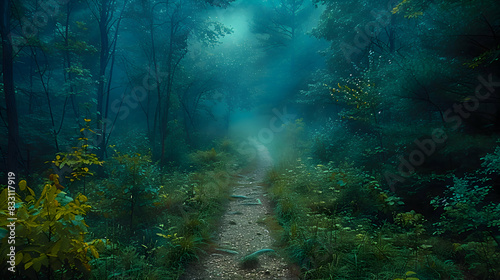 An ultra HD view of a serene nature forest  featuring a meandering path surrounded by vibrant foliage. The morning mist adds a mystical touch
