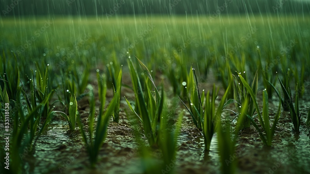 Obraz premium A rain-soaked field of grass after a storm, with each blade dripping with water and the earthy tones of the soil subtly peeping through the green.