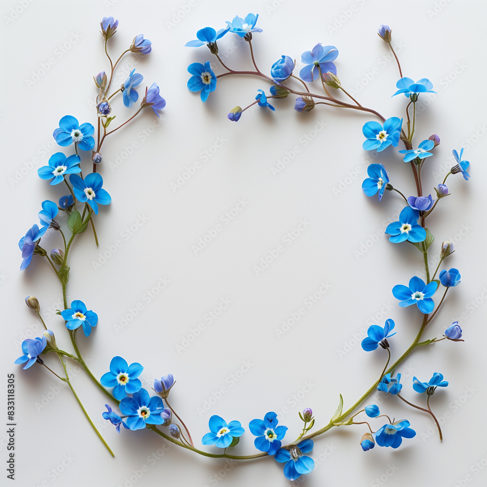 Forget-me-not flowers crown frame on white background, space in the middle Forget-me-not flowers crown frame on white background, space in the middle