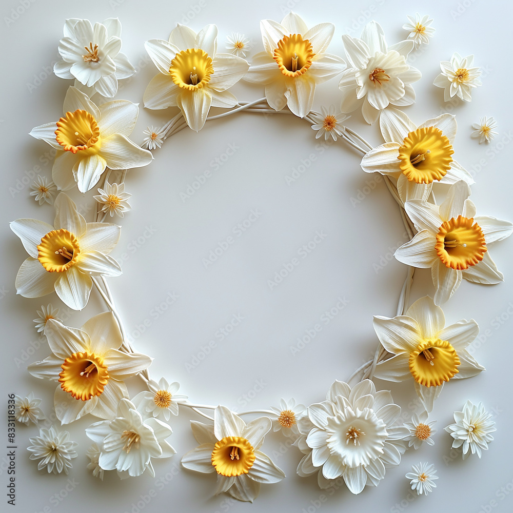 Daffodil flowers crown frame on white background, space in the middle Daffodil flowers crown frame on white background, space in the middle
