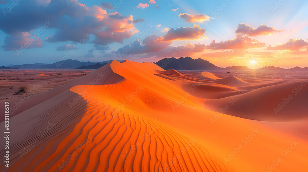 An ultra HD view of nature sand dunes at sunrise, the sky glowing with vibrant colors and the sand bathed in golden light