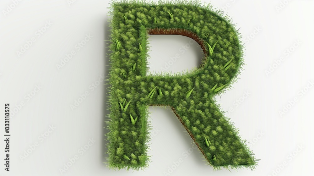 A realistic and textured letter R, composed of dense green grass, with sharp contours that define its unique form, on a white background. A realistic and textured letter R, composed of dense green grass, with sharp contours that define its unique form, on a white background.