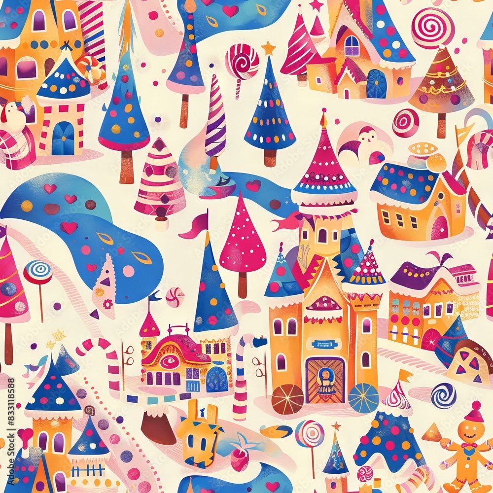 seamless pattern of candy castles with gingerbread and candy cane forests seamless pattern of candy castles with gingerbread and candy cane forests