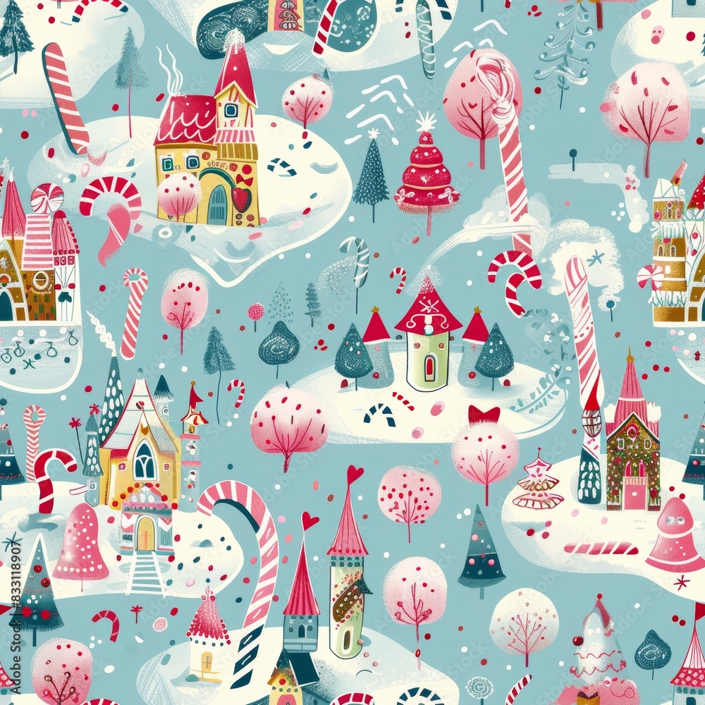 seamless pattern of candy castles with gingerbread and candy cane forests seamless pattern of candy castles with gingerbread and candy cane forests