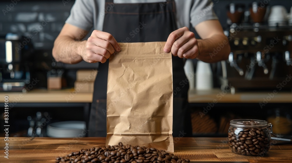 Paper bag and hands of barista in cafe for caffeine Paper bag and hands of barista in cafe for caffeine