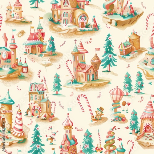 seamless pattern of candy castles with gingerbread and candy cane forests