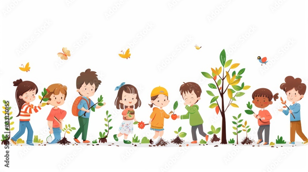 Cartoon Vector A group of children planting trees, symbolizing growth and a better future without child labor Generative AI Cartoon Vector A group of children planting trees, symbolizing growth and a better future without child labor Generative AI
