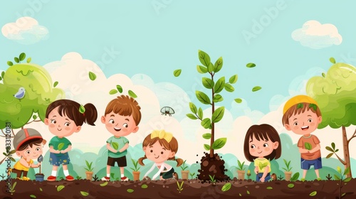 Cartoon Vector A group of children planting trees, symbolizing growth and a better future without child labor Generative AI