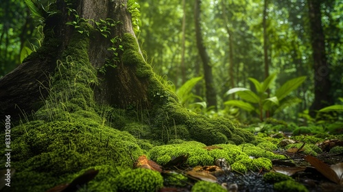 A realistic moss-covered tree trunk in a dense forest, with the moss vivid and wet, enhancing the feel of an unexplored natural landscape.