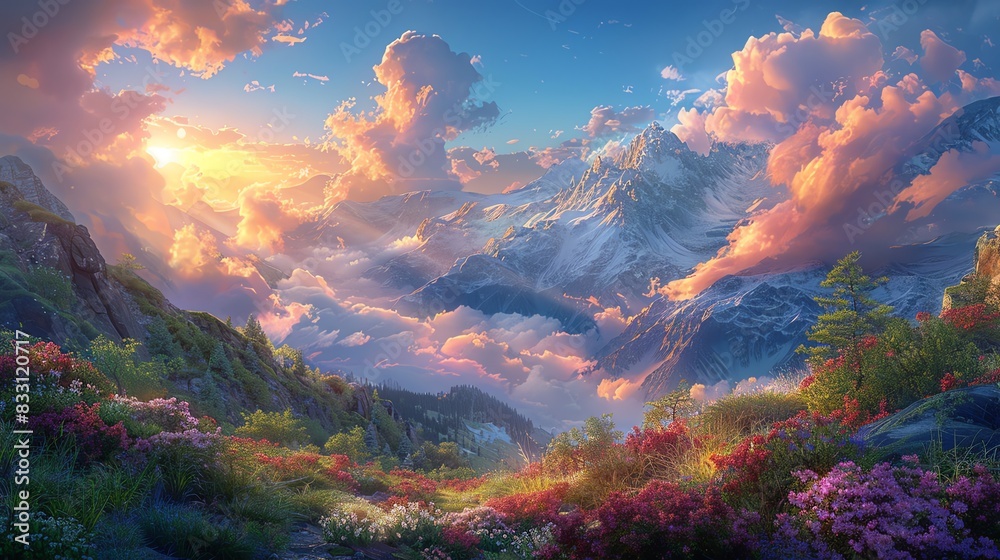 Stunning sunrise over a mountain valley, with vibrant wildflowers and dramatic clouds in a breathtaking landscape. Stunning sunrise over a mountain valley, with vibrant wildflowers and dramatic clouds in a breathtaking landscape.