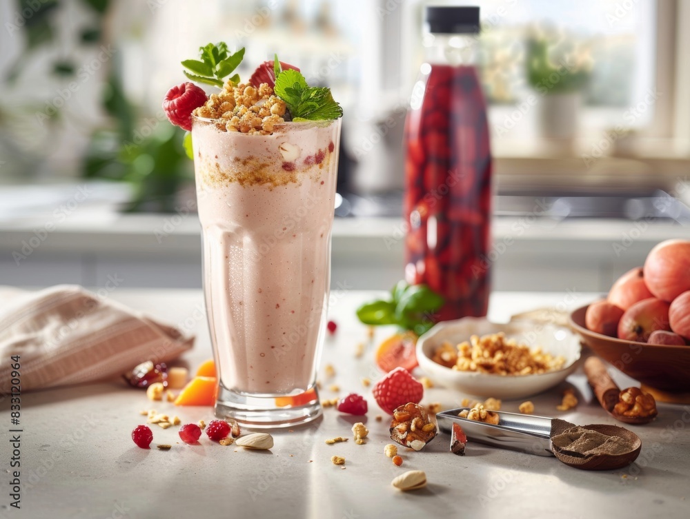 Protein shake decorated with fruits and nuts. Emphasis on freshness and nutritional value. Protein shake decorated with fruits and nuts. Emphasis on freshness and nutritional value.