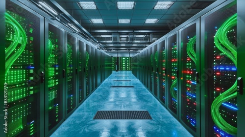 A long hallway with many computer servers. The servers are green and blue. The servers are connected to each other