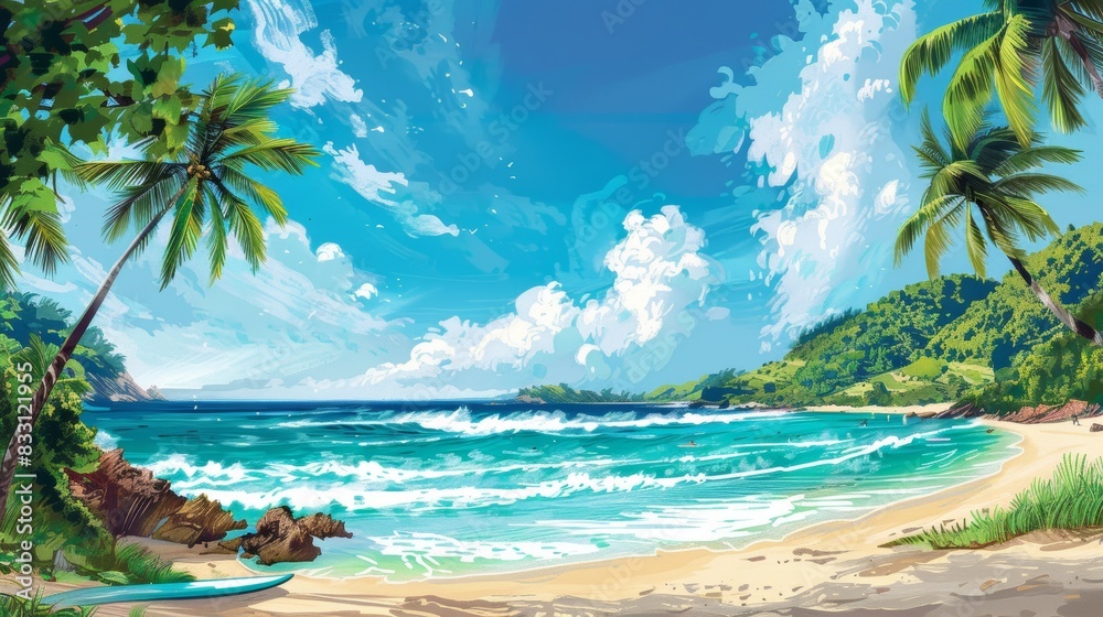 Fototapeta premium A colorful, graphic illustration of a tropical beach scene, with palm trees, surfboards, and a crystal-clear ocean under a bright blue sky.