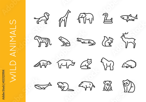 Wild Animals icons. Set of 20 trendy minimal wild animal icons including a monkey, giraffe, elephant, and more. Ideal for web pages, mobile apps, packaging design. Vector illustration