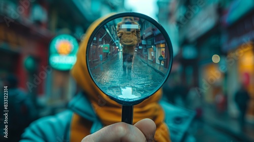 A person holding a magnifying glass, examining clues and evidence, representing the concept of deduction and logical reasoning in solving mysteries or puzzles. © MAY