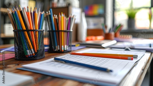 A close-up of a neatly organized desk with pens, pencils, and papers arranged in a sequential order, highlighting the importance of orderliness in workspaces. © MAY