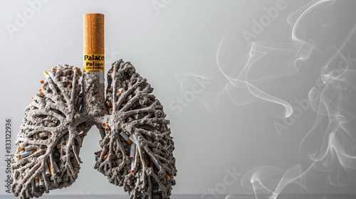 A lung made of clay with a cigarette in it. The cigarette is a Philip Morris brand. Concept of the harmful effects of smoking and the damage it can cause to the lungs photo