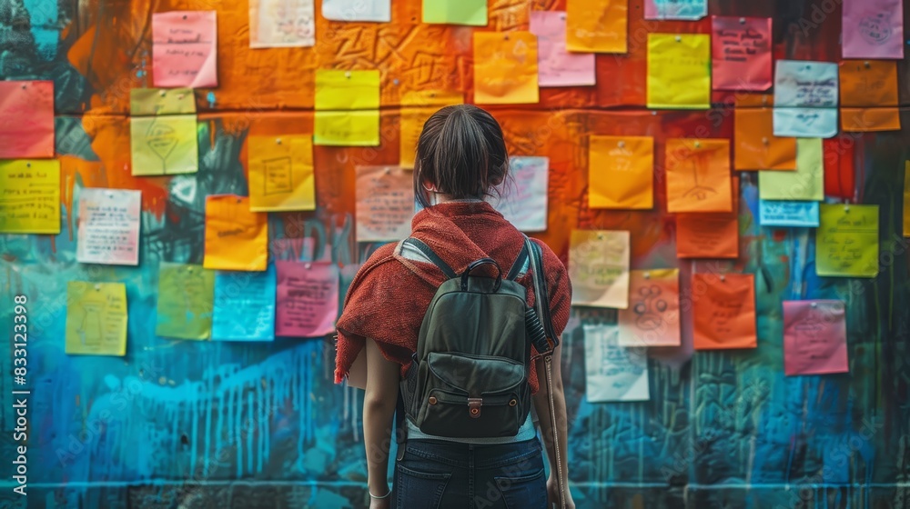 A person standing in front of a wall covered in sticky notes, each with a different idea or clue, symbolizing the process of piecing together information to solve a myster A person standing in front of a wall covered in sticky notes, each with a different idea or clue, symbolizing the process of piecing together information to solve a myster