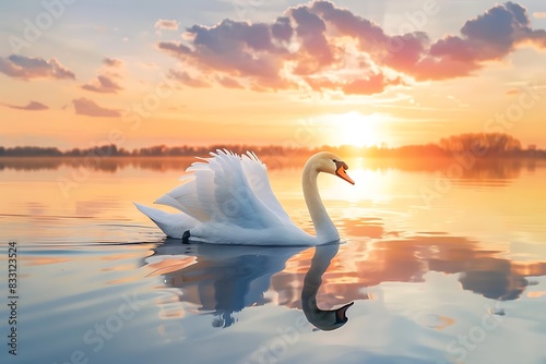 Elegant swan gliding gracefully across a calm lake at sunset